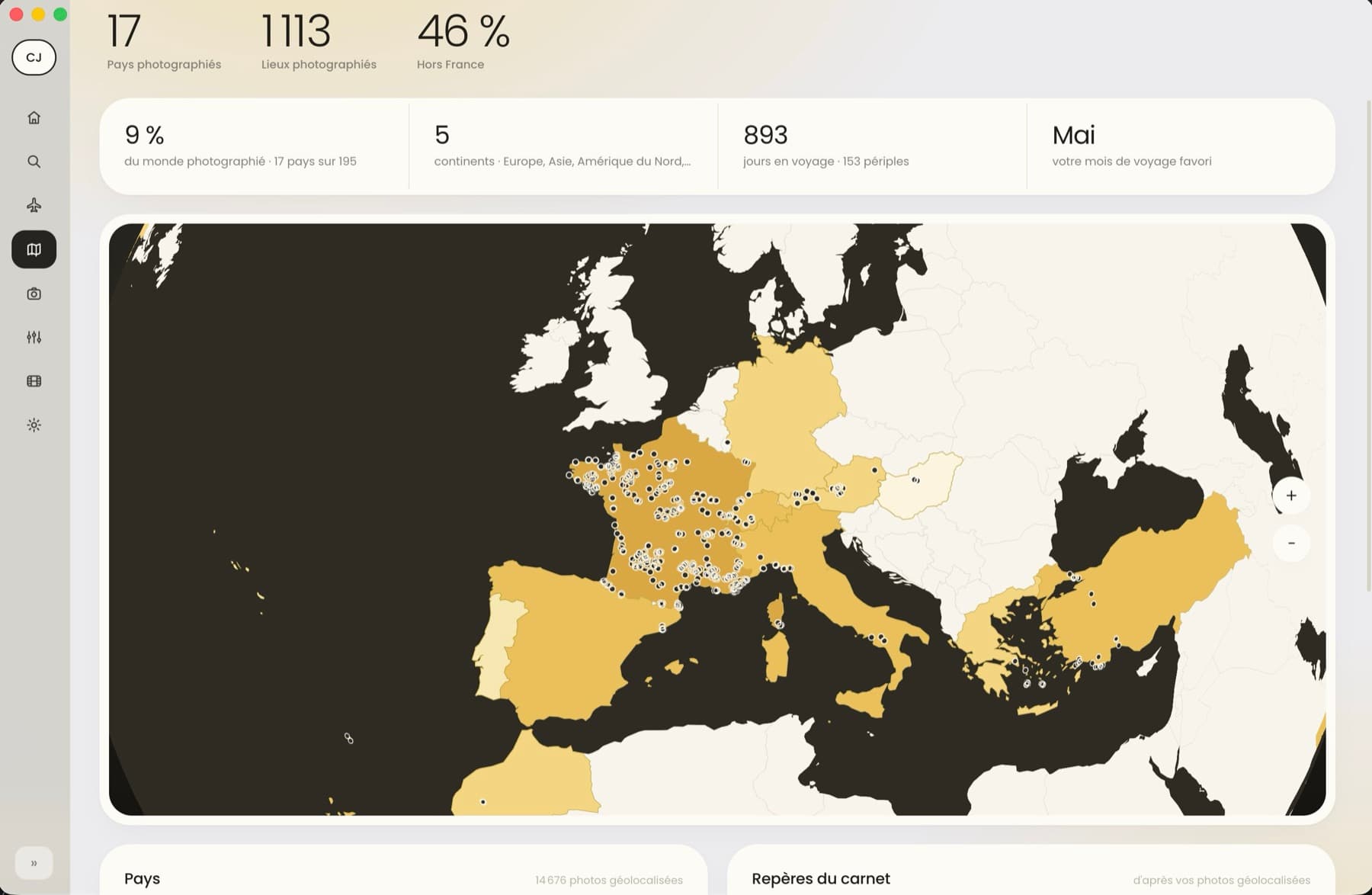 La carte de Camera Journal : 17 pays photographiés, 1 113 lieux, et les points de prise de vue posés sur l'Europe et la Méditerranée.