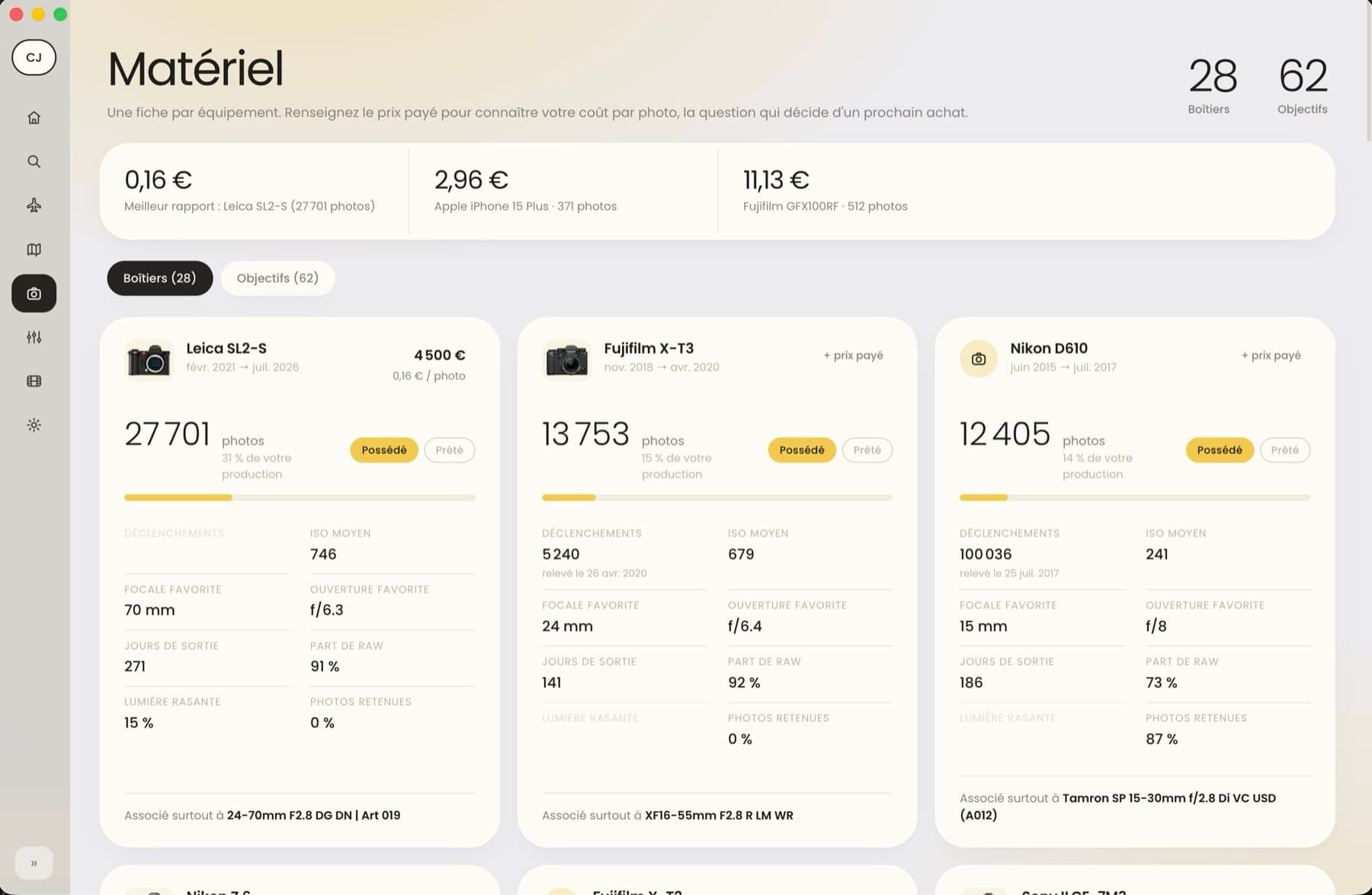La page Matériel : le Leica SL2-S à 0,16 € la photo sur 27 701 images, à côté du Fujifilm X-T3 et du Nikon D610.