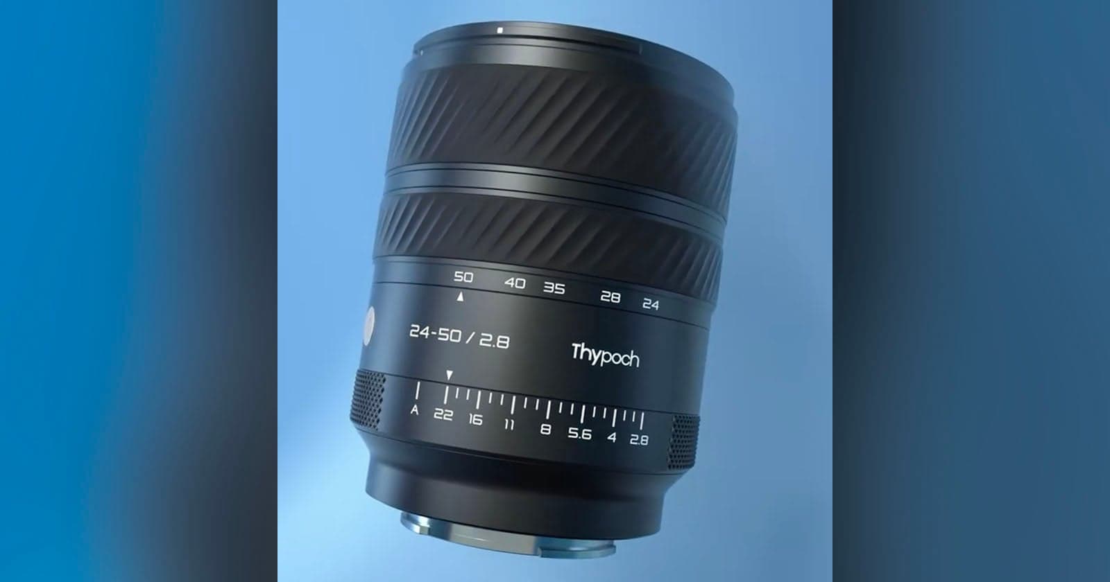 Objectif Thypoch Voyager 24-50mm f/2.8 pour monture Sony E-mount, vue de trois quarts sur fond neutre